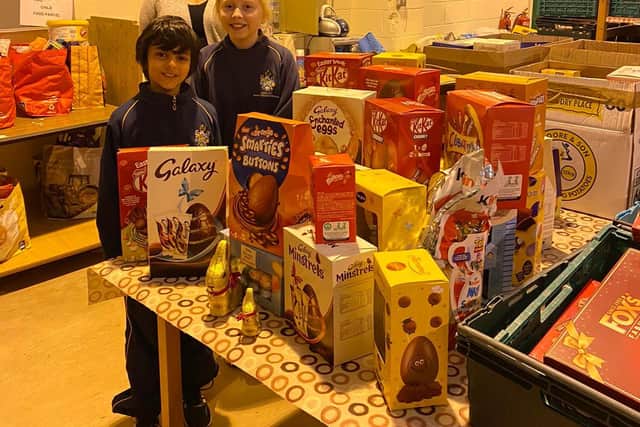 Barlborough Hall School pupils delivering Easter eggs to the New Hope Food Bank.