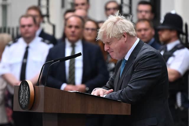 Britain's former Prime Minister Boris Johnson delivered his final speech outside 10 Downing Street on September 6. Photo by Justin Tallis/AFP via Getty Images