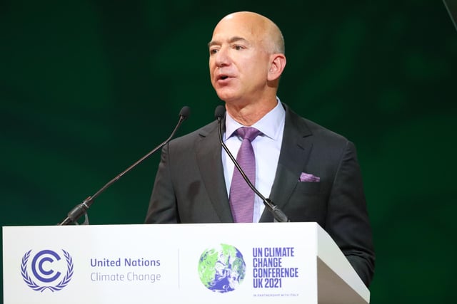 Billionaire Jeff Bezos speaks during an Action on Forests and Land Use event on day three of COP26.