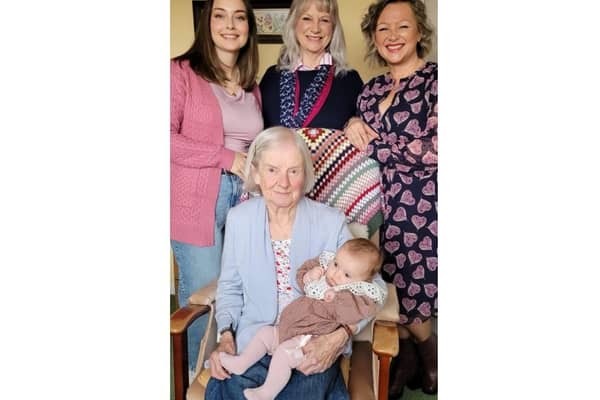 Tillie Foy, 26, Susan Wheeler, 72, Amy Robinson, 52, Muriel Wheeler, 96, with Elodie Bragg, 13 weeks.