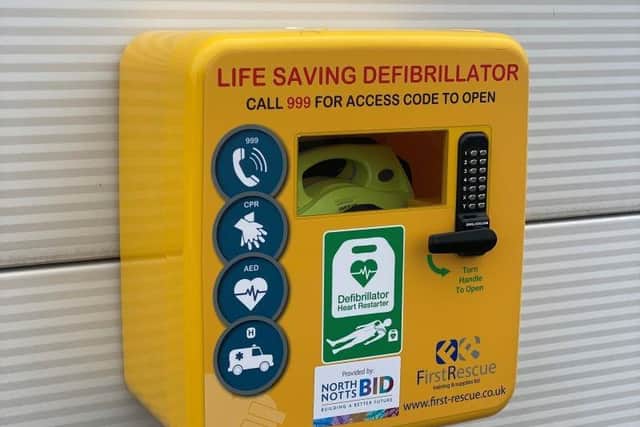 Defibrillator installed outside Transdek in Harworth