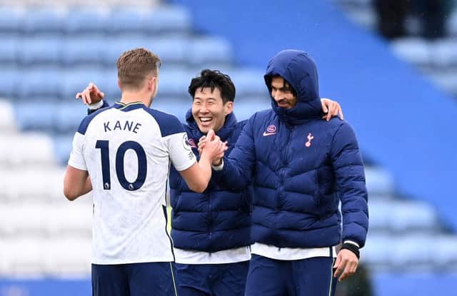 Harry Kane, Son Heung-Min and Dele Alli of Tottenham Hotspur. (Photo by Laurence Griffiths/Getty Images)