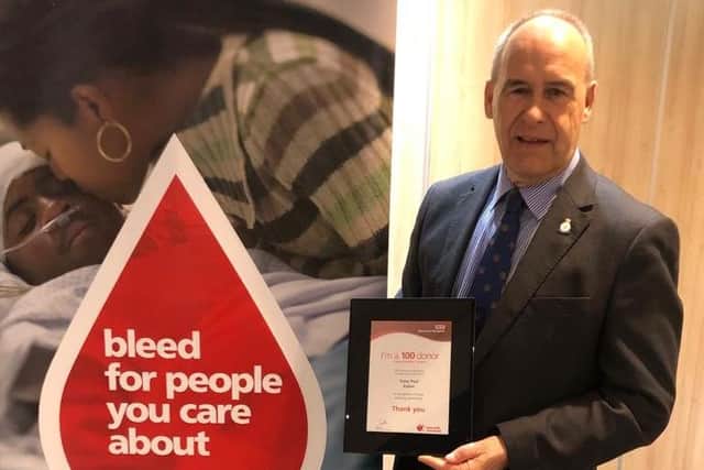 Councillor Tony Eaton, Worksop town mayor and Bassetlaw Armed Forces champion, has received an award for donating over 100 pints of blood.
