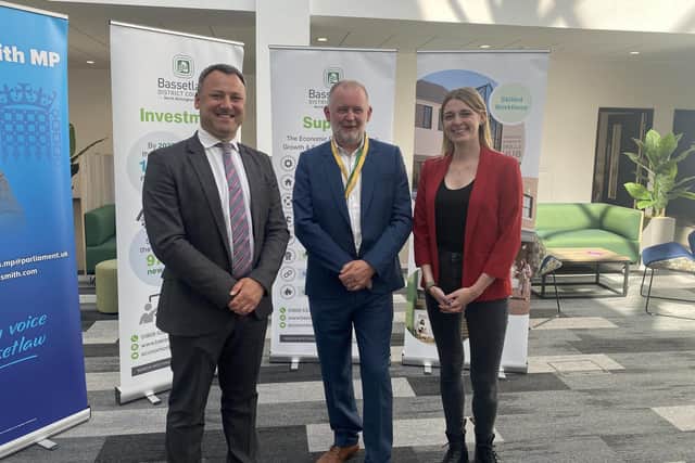Bassetlaw MP, Brendan Clarke-Smith, David Armiger, chief executive of Bassetlaw District Council and Levelling Up Minister, Dehenna Davison MP, at the Bridge Skills Hub in Worksop