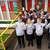 Ruth Harrison, The Forest View Academy principal, celebrates the good Ofsted report with pupils.