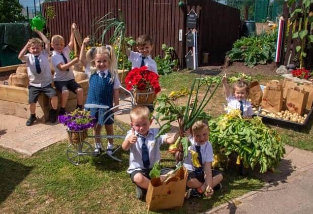 Happy youngsters at St John's Church Of England Academy in Worksop enjoy working in its Tiny Tots allotment.