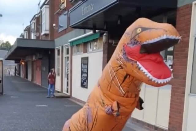 Millie Grafton, 16, in her dinosaur costume outside The Innings pub in Worksop, which her family runs