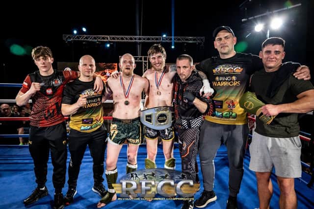 Street Kickboxing Club Worksop fighter Rafał Pawłowski celebrates his title at RECC RING WARRIORS in K1 Full Contact fight of the night