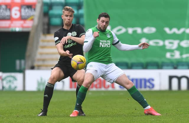 Kris Ajer of Celtic and Hibs' Drey Wright battle for the ball at Easter Road