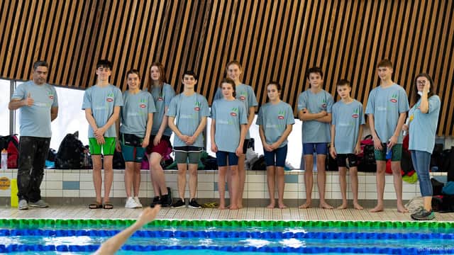 The Worksop Dolphins swimmers with Head Coach Giannis Valkoumas and team manager Julie Cooke.