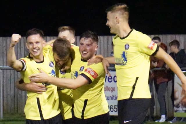 Worksop celebrate the winner against Westfields in the FA Cup. Pic by Lewis Pickersgill.