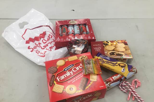 The contents of a festive bag being sent out to people in food poverty