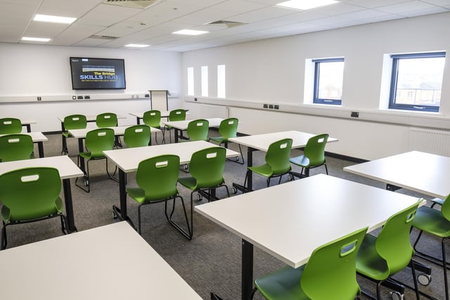 One of the building's six classroom, which vary in size and layout. Each have interactive teaching screens.