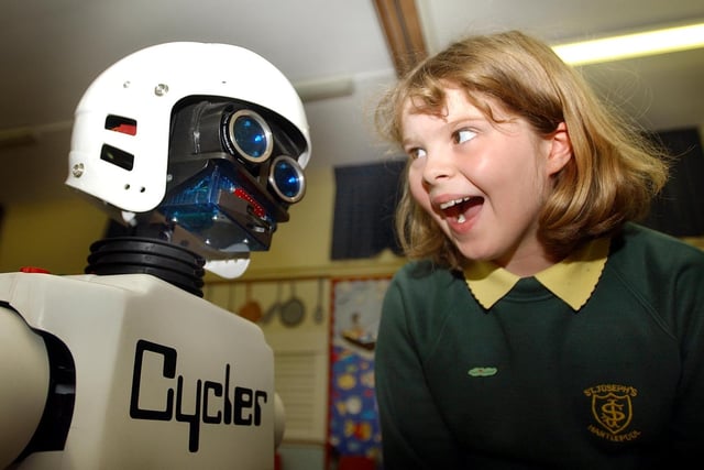 A reminder from 2004 at St Joseph's School in Hartlepool and it shows a recycling robot paying a visit.