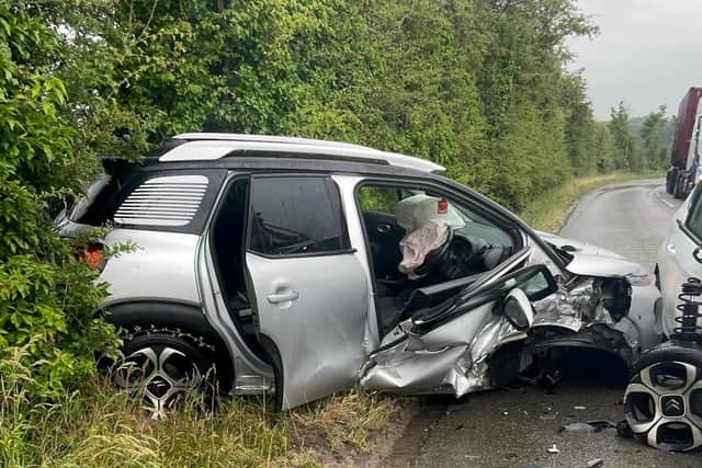 The car after Louise Woodhead's accident. The impact of the crash caused the air bags to go off and Louise felt “scared to death about the baby”.