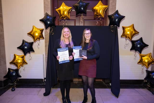 Bassetlaw Action Centre's Sarah Radford and Natalie Manning celebrate their award.