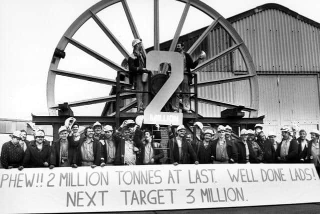 Jubilant Nottinghamshire miners at Thorseby Colliery celebrating reaching two million tonnes in 1989.