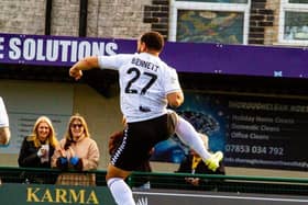 New Worksop Town loanee Mason Bennett celebrates a debut goal at Buxton, Pic: Zac Constantine
