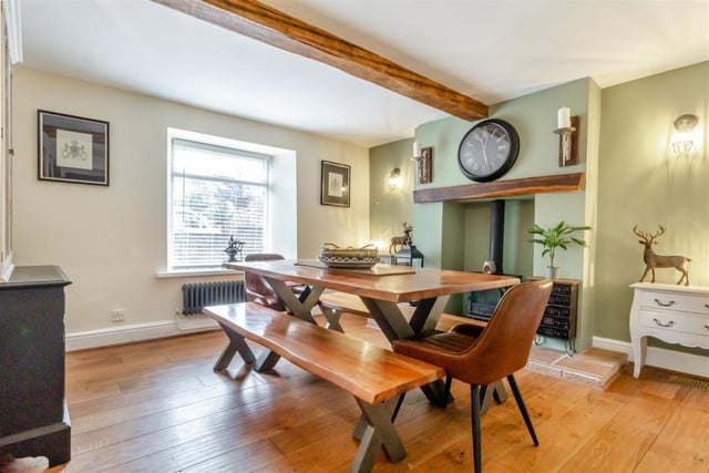 Next stop in the historic Whitwell property is the dining room, which was once a telephone exchange room. A solid oak floor and a central beam across the ceiling add to its appeal.