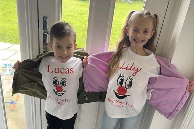 Lucas and Lily sported their personalised Red Nose Day shirts.