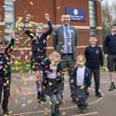 Headteacher Chris Edwards with Gamston St Peter’s C of E Primary School children