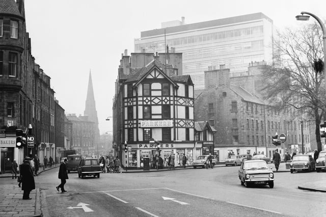 The Parkers Store building at the corner of Bristo Street and Charles Street shortly before it was demolished in November 1966.