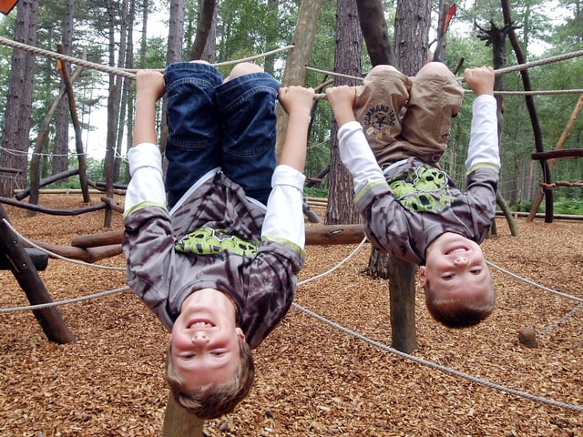 Sherwood Pines features a fun-packed play area, with a climbing frame and two tree houses to explore. Pictured are Cory Simpson, nine, and his brother Hayden Simpson, six enjoying the adventure play area at Sherwood Pines.