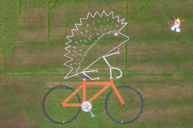 Keyworth's award-winning ‘Spike on a Bike’ land art, which was created on the Rectory Field and was inspired by the community’s drive to encourage more people to help vulnerable hedgehogs move safely from garden to garden in the area.