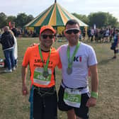 Tom Briggs (left) and guide runner Andrew at the end of the Robin Hood half marathon.