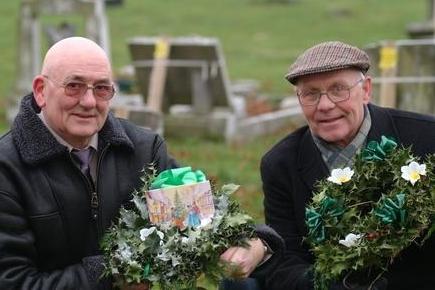 Shireoaks History Society and family members lay a wreath on the graves of Ned and Flo, the infamous 'Worksop tramps' at Retford Road Cemetery, Worksop. Ned and Flo were a couple from Worksop who became local legends, affectionately known as the "Worksop tramps". Their story touched many in the local community as they chose to live on the road rather than be apart. They were buried in an unmarked pauper's grave in Manton, but thanks to the efforts of Pete Brammer and the Shireoaks History Group, a headstone was eventually placed on their grave, allowing them to "finally rest in peace".