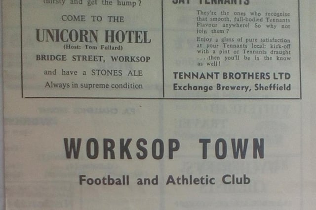This old programme is for Worksop Town Football and Athletic club from 1971. The Unicorn Hotel on Bridge Street feature amongst the advertisers.