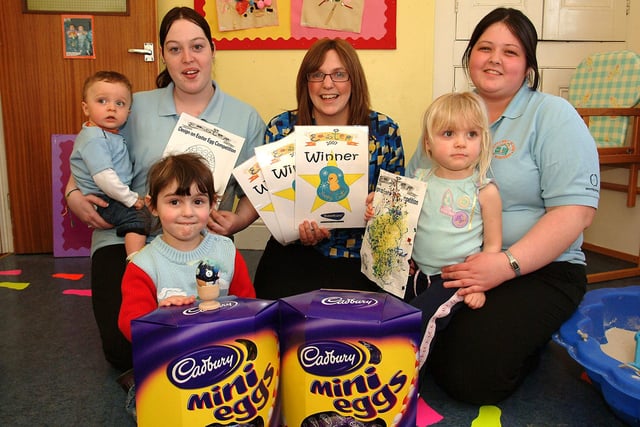 Alphabet House staff and youngsters are pictured after their decorated egg competition for which the winners were presented with  Easter Eggs from Alison Dambrosio of Travelcare, Retford. They are from left, Laura Carlin with winner of the babies catorgory Dylan Edwards, Ellie Smeeton who won the 3-5 year old section, Alison Dambrosio, and Sam Barratt with Molly Hind who won with her toddler's entry.