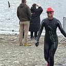 Sue Cotton winning her open water swim on Derwentwater