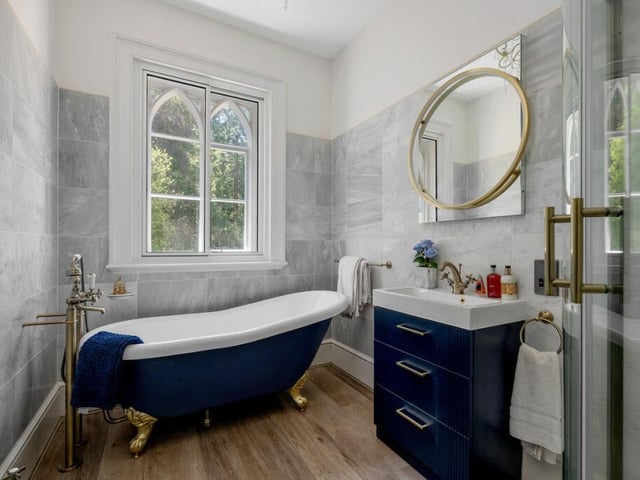 One of the stylishly updated bathrooms.