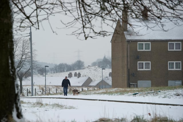 A man takes his dog for a walk in the snow in 2013.