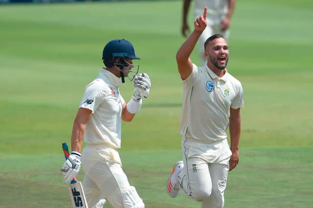 Dane Paterson celebrates after the dismissal of Joe Denly (L) during the fourth Test against in January. (Photo by Christiaan Kotze / AFP) (Photo by CHRISTIAAN KOTZE/AFP via Getty Images)