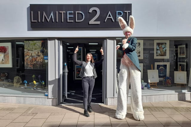 Easter bunny meets Limited 2 Art owner Ruth Stone.