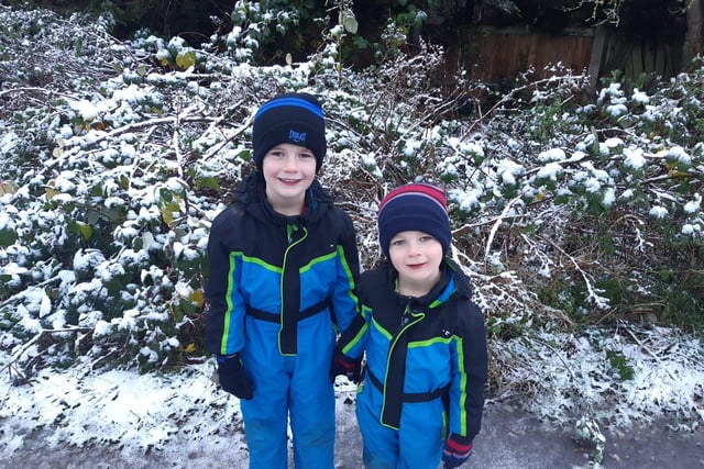Becky's boys are all wrapped up for the first snow of the year.