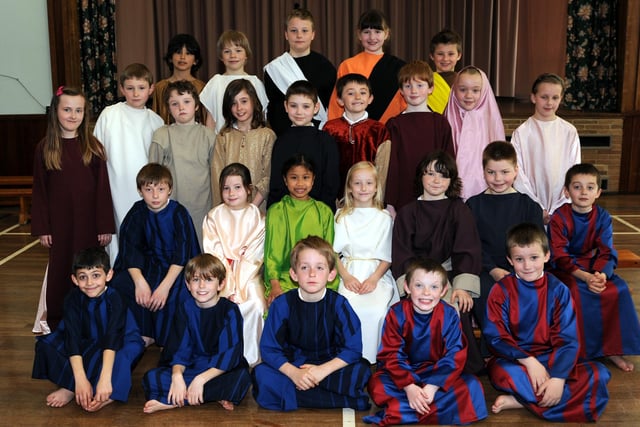 Holy Family School pupils celebrate Easter by performing the story. Pictured is the cast of the play.