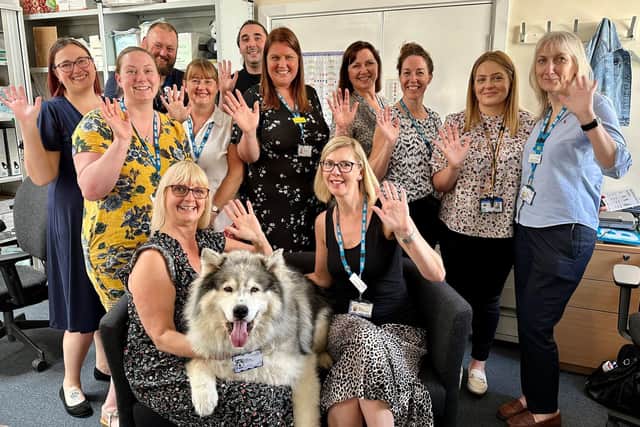 The Health and Wellbeing Team at Doncaster and Bassetlaw Teaching Hospitals (DBTH) has been nominated for the Healthcare People Management Association’s (HPMA) Award for Wellbeing as part of their 2023 Excellence in People Awards. Staff pictured with Thunder the Therapy Dog