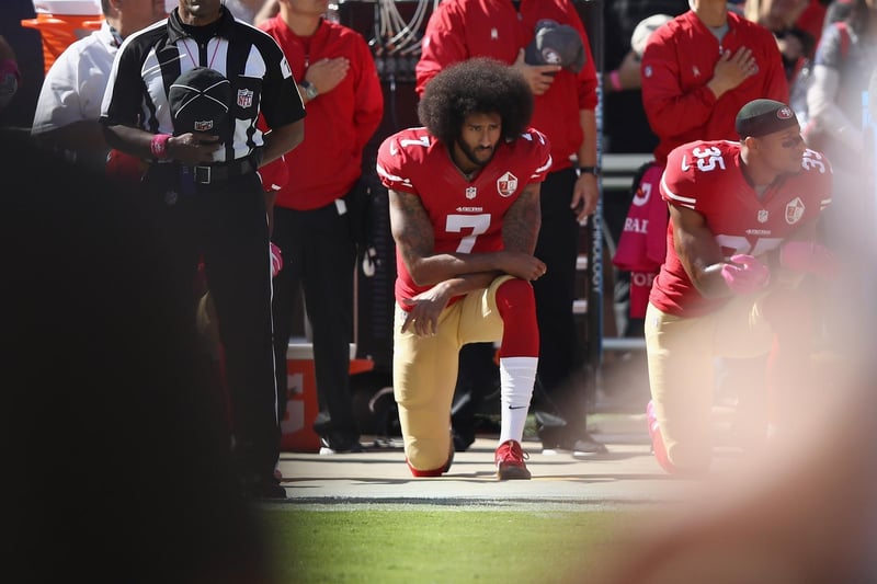 In the 2016 pre-season, San Francisco quarter-back Colin Kaepernick took a knee during the national anthem as opposed to the tradition of standing. It was the start of a protest movement that spread throughout the NFL. The protest drew stinging criticism and led to his departure from the 49ers.