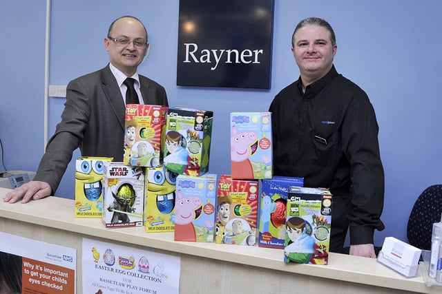 Rayner Opticians, in the Priory Shopping Centre collected Easter eggs to donate to Bassetlaw Play Forum.  Pictured from left manager, Mark Brierley-Smith with optical assistant Sean Smalley.