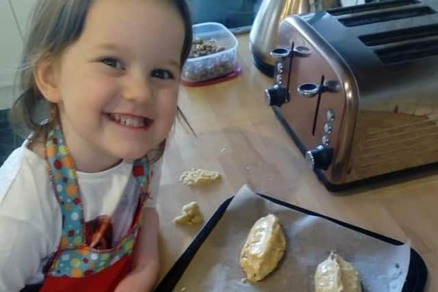 Lottie White, 4, with her lamb pasties. The soft, crumbly pastry and tasty meat filling was all homemade by Lottie with help from mum, Kristy.