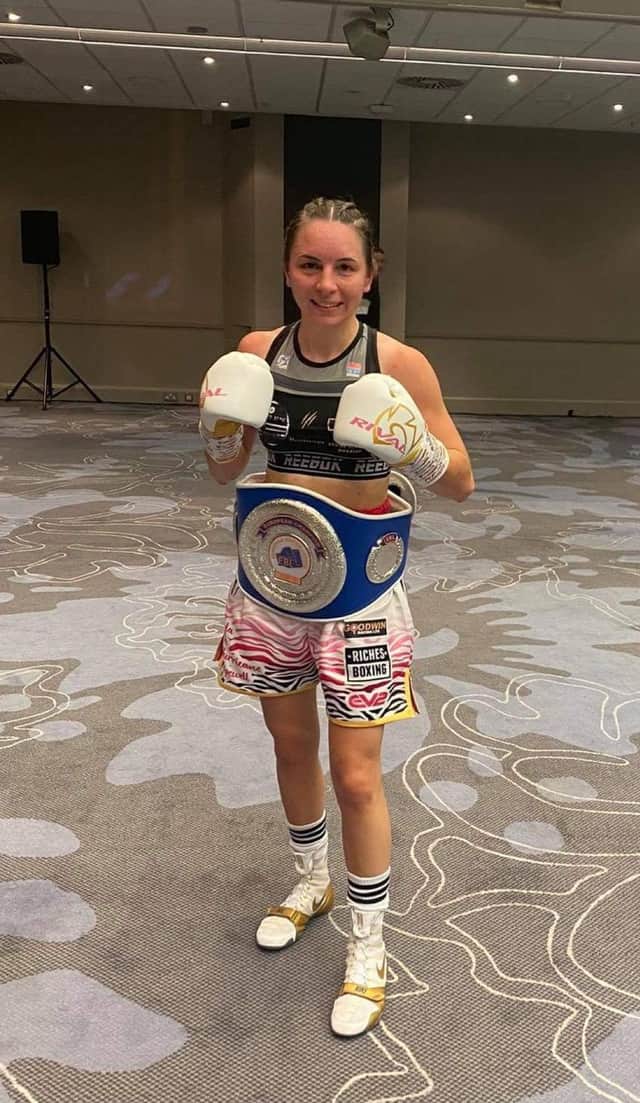 Nicola Hopewell displays her new WBL European title in the superfly class.