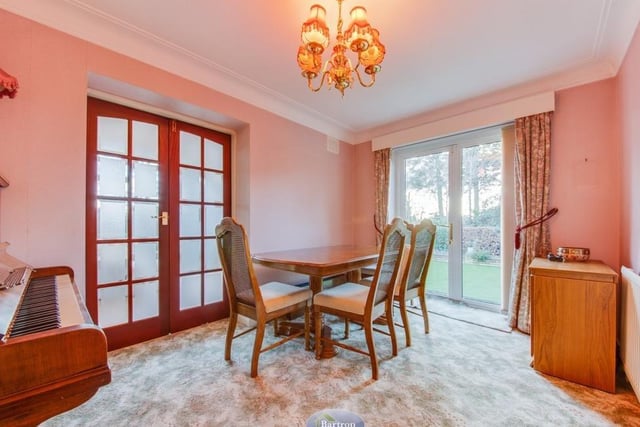 Next stop at the £430,000-plus bungalow is the dining room, which features a French door leading out to the back garden.