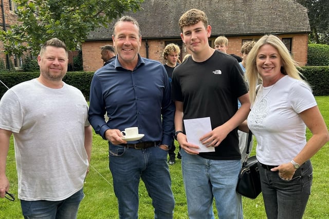 Worksop College student Max celebrating his achievements with his teacher and parents. Max achieved an impressive string of 9s, 8s, 7s and A*s. He will be using these results to pursue his dreams in theatre, as he heads to Tring Park School for the Performing Arts.