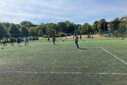 A game of walking football underway on the 3G pitch at Queen's Park in Chesterfield
