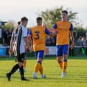 Mansfield Town's Oliver Hawkins celebrates his opening goal.