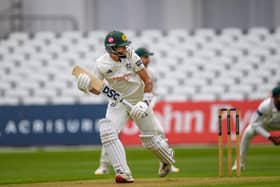 Haseeb Hameed in action at Trent Bridge on day one of their Rothesay County Championship match against Leicestershire, when his unbeaten 32 took him past 9,000 career first-class runs. Credit: Mark Dunn.