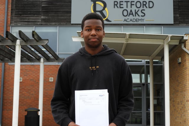 Retford Oaks student Christian Chikota has a set of results to be proud of. He achieved three grade Bs in biology, maths and physics, and has been accepted into the University of Bath. Christian said: "I'm really happy with my results and looking forward to the future."